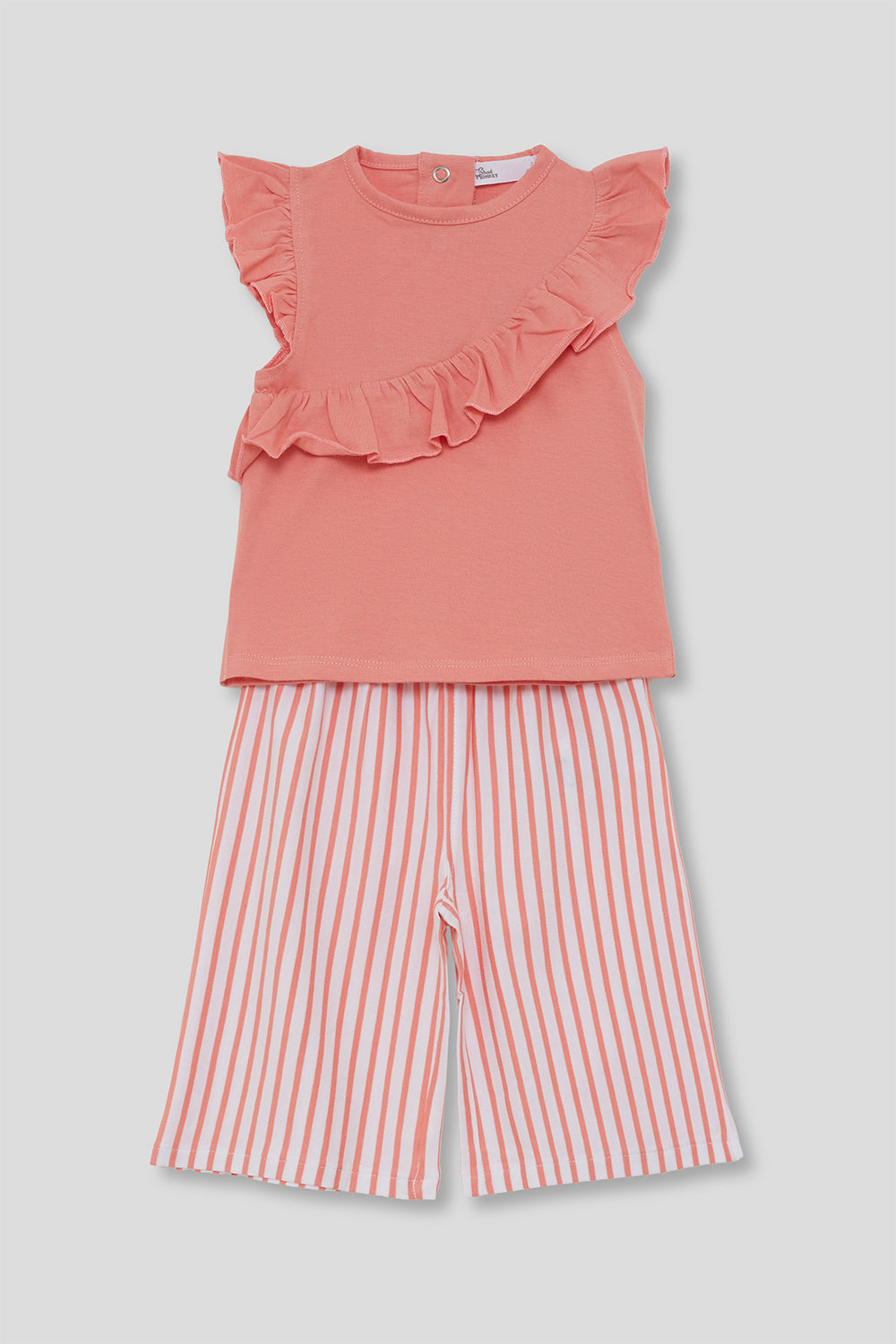 Conjunto niña camiseta coral con volante y pantalón rayas