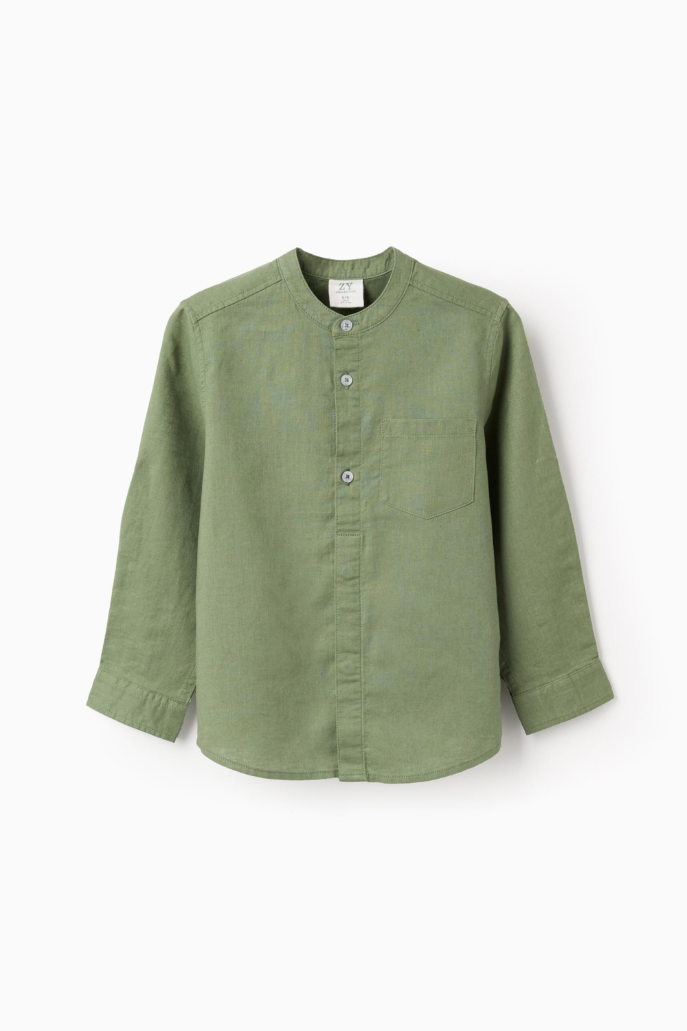 Camisa infantil verde con cuello mao y manga larga, camisa elegante y fresca para niño ideal para primavera y verano.