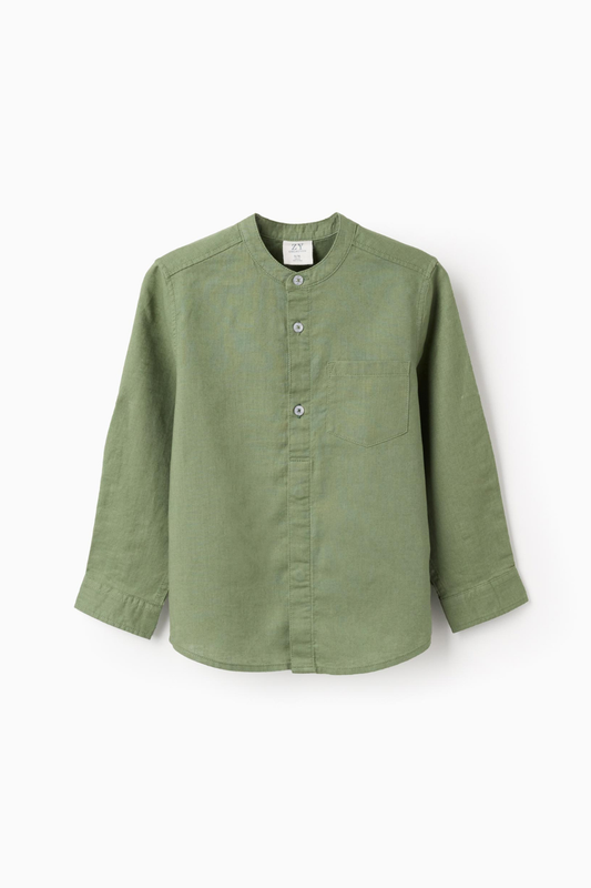 Camisa infantil verde con cuello mao y manga larga, camisa elegante y fresca para niño ideal para primavera y verano.