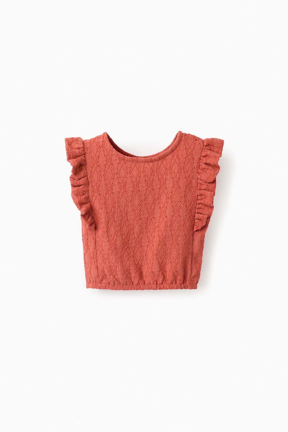 Blusa caldera calada para niña con volantes en los hombros, ligera y fresca ideal para primavera y verano.
