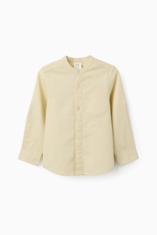 Camisa infantil amarilla con cuello mao y manga larga, camisa elegante y fresca para niño ideal para primavera y verano.