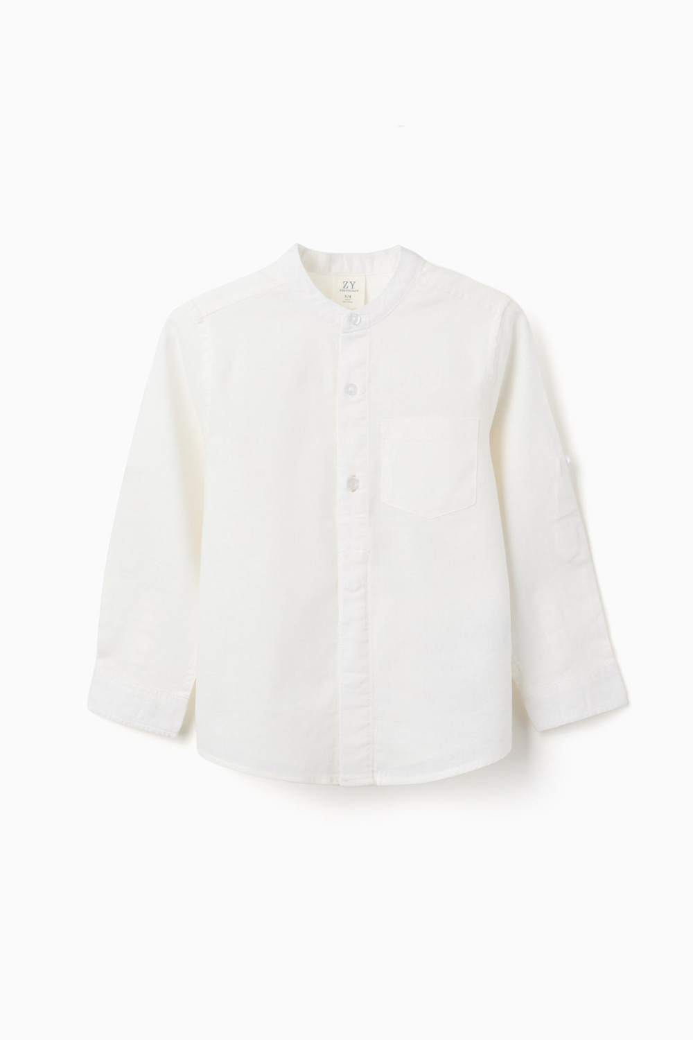 Camisa blanca infantil de niño con cuello mao y manga larga, camisa elegante y fresca ideal para verano, ceremonia y eventos.
