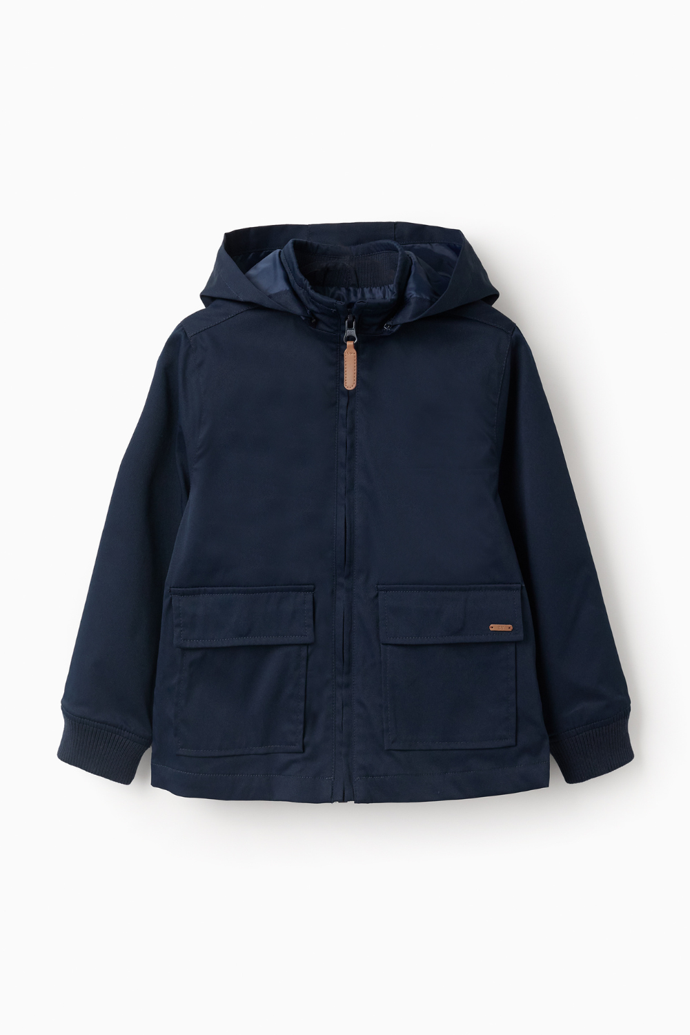 Chaqueta infantil azul marino con capucha y cremallera, chaqueta de entretiempo para niño elegante y cómoda.
